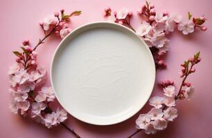 ai gegenereerd een leeg circulaire bord met kleurrijk roze bloesem bloemknoppen en sommige wit bloemen Aan het foto