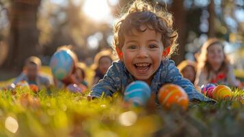 ai gegenereerd weinig meisje houdende in gras omringd door Pasen eieren foto