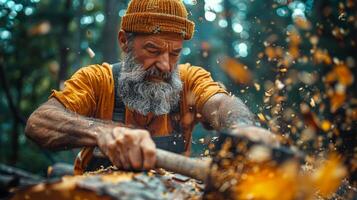 ai gegenereerd senior vakman handgesneden hout in Woud foto