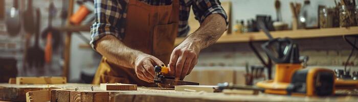 ai gegenereerd de timmerman in elkaar zetten houten stukken naar construeren meubilair of structuren, met klemmen, lijm en nagels in hand, achtergrond afbeelding, generatief ai foto