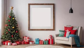 ai gegenereerd Kerstmis kinderen kamer ontwerp poster bespotten omhoog met verticaal leeg houten kader Aan muur foto