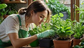 ai gegenereerd tuin kamer tuinieren, meisje herbeplanting groen weiland in huis tuin, fabriek kamer foto