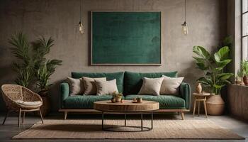 ai gegenereerd leven kamer interieur kaal beton muur mockup in donker groen tonen met beige linnen sofa foto