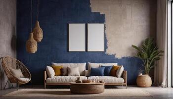 ai gegenereerd leven kamer interieur kaal beton muur mockup in donker blauw tonen met beige linnen sofa foto