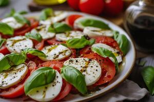 ai gegenereerd caprese salade met rijp tomaten, Mozzarella kaas, vers basilicum en balsamico glazuur foto