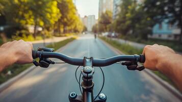 ai gegenereerd fietser rijden door een boom bekleed stad straat, eerste persoon visie foto