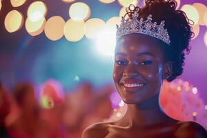 ai gegenereerd schoonheid optocht wedstrijd. 15 jaren oud zwart meisje in tiara en mooi jurk, winnaar foto