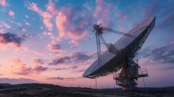 ai gegenereerd een groot satelliet schotel verzenden signalen gedurende een verbijsterend zonsondergang foto