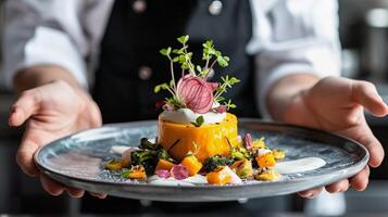 ai gegenereerd chef Holding bord van voortreffelijk veganistisch keuken met kleurrijk garnituren foto