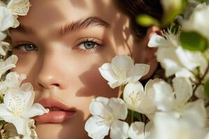 ai gegenereerd mode portret. vrouw model- met wit jasmijn bloemen foto