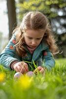 ai gegenereerd jong kind verzamelt kleurrijk eieren in een rieten mand tussen voorjaar bloemen foto