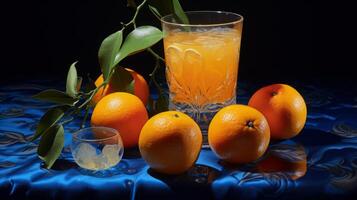 ai gegenereerd vers oranje sap temidden van een citrus foto