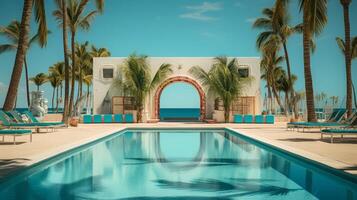 ai gegenereerd tropisch toevlucht zwembad met rieten cabana en palmen foto