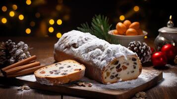 ai gegenereerd Kerstmis stollen brood met feestelijk decoraties foto