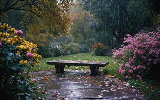 ai gegenereerd regen in weelderig tuin foto