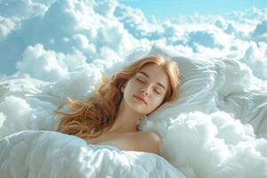 ai gegenereerd vrouw slaap tussen pluizig wit wolken foto