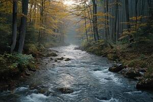 ai gegenereerd herfst- Woud rivier- tafereel foto