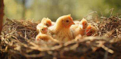 ai gegenereerd kippen leggen eieren in een rietje nest foto