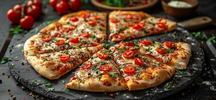 ai gegenereerd gesneden pizza Aan zwart steen achtergrond met tomaten en kaas foto