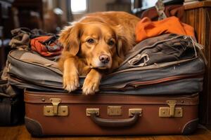 ai gegenereerd verhuizen een hond. hond leugens Aan een koffer foto