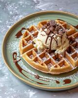 ai gegenereerd wafel met ijs room en chocola Aan top Aan een licht groen bord foto