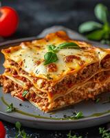 ai gegenereerd heerlijk ultieme vlees lasagne Aan een grijs bord met tomaten in de omgeving van het foto