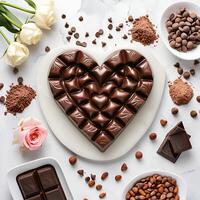 ai gegenereerd Valentijnsdag chocolaatjes in de vorm van liefde Aan een marmeren tafel en omringd door ingrediënten foto