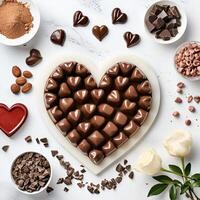 ai gegenereerd Valentijnsdag chocolaatjes in de vorm van liefde Aan een marmeren tafel en omringd door ingrediënten foto