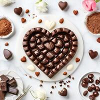 ai gegenereerd Valentijnsdag chocolaatjes in de vorm van liefde Aan een marmeren tafel en omringd door ingrediënten foto