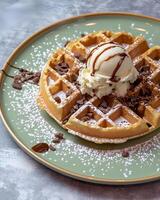 ai gegenereerd wafel met ijs room en chocola Aan top Aan een licht groen bord foto