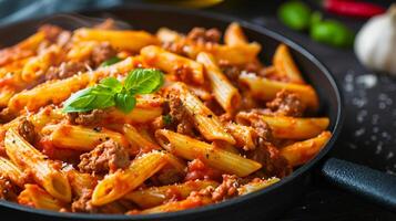 ai gegenereerd rundvlees penne pasta in tomaat saus in een zwart pan foto