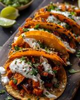 ai gegenereerd krokant chipotle zoet aardappel taco's met limoen crema foto