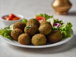 ai gegenereerd falafel ballen en vers groenten Aan de bord, houten achtergrond. foto