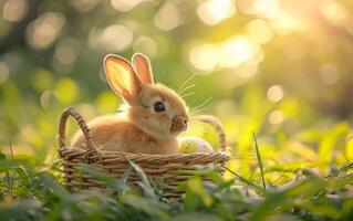 ai gegenereerd konijn met een mand versierd met Pasen eieren foto