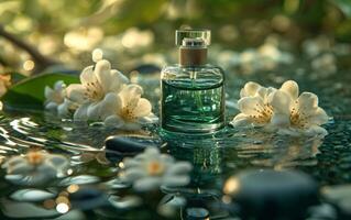 ai gegenereerd groen parfum fles temidden van bloemen water foto