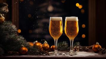 ai gegenereerd feestelijk bier bril temidden van Kerstmis decoratie foto