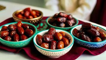 ai gegenereerd Ramadan iftar met datums, Ramadan lantaarn avond licht ai gegenereerd beeld foto