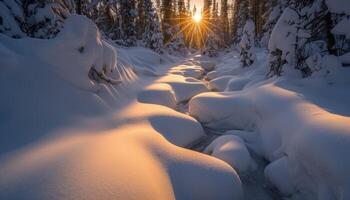ai gegenereerd kronkelend stroom tussen een winter met sneeuw bedekt Woud Bij zonsondergang foto