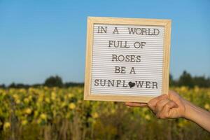 in een wereld vol van rozen worden een zonnebloem tekst Aan wit bord De volgende naar zonnebloem veld. zonnig zomer dag. motiverende onderschrift inspirerend citaat. worden uniek concept foto