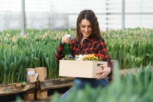 mooi jong glimlachen meisje, arbeider met bloemen in serre. concept werk in de serre, bloemen, tulpen, doos met bloemen. kopiëren ruimte. foto