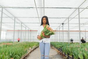 mooi jong glimlachen Afrikaanse Amerikaans meisje, arbeider met bloemen in serre. concept werk in de serre, bloemen. foto