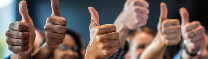 ai gegenereerd een tafereel met een groep van tevreden klanten uitdrukken genot en dankbaarheid, met duimen omhoog gebaren of glimlachen gezichten, generatief ai foto