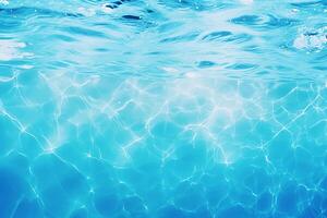 ai gegenereerd Doorzichtig blauw water oppervlakte met mooi spatten rimpelingen en zeep bubbels. abstract zomer banier achtergrond foto
