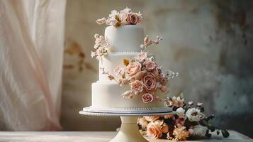 ai gegenereerd bruiloft taart, moe bruiloft taart versierd met ingewikkeld decoraties en fondant bloemen, achtergrond afbeelding, generatief ai foto