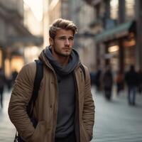 ai gegenereerd aantrekkelijk blond Mens Aan een stad straat foto