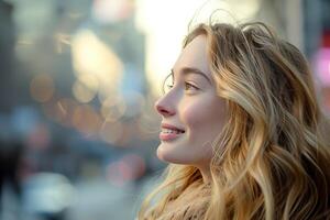 ai gegenereerd portret van een aantrekkelijk blond vrouw Aan een daglicht stad straat foto