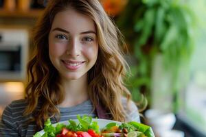 ai gegenereerd jong mooi Kaukasisch vrouw met een bord van gezond en gezond voedsel foto