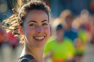 ai gegenereerd vrouw met een glimlach loopt een marathon, met wazig hardlopers in de achtergrond foto