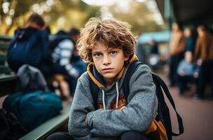 ai gegenereerd een jong jongen is verdrietig Bij school- foto