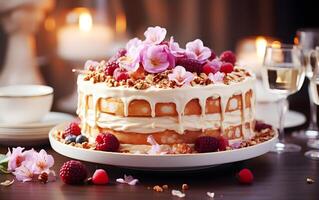 ai gegenereerd eigengemaakt bakkerij room kaas glimmertjes Aan heerlijk cakes en bessen pannekoeken versierd met bloeiend bloemen Aan topping Aan houten tafel in de buurt venster foto